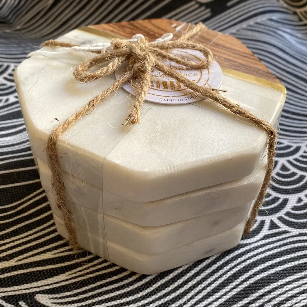NWT - Gorgeous Octagon Coasters - marble & wood w/ metal accent